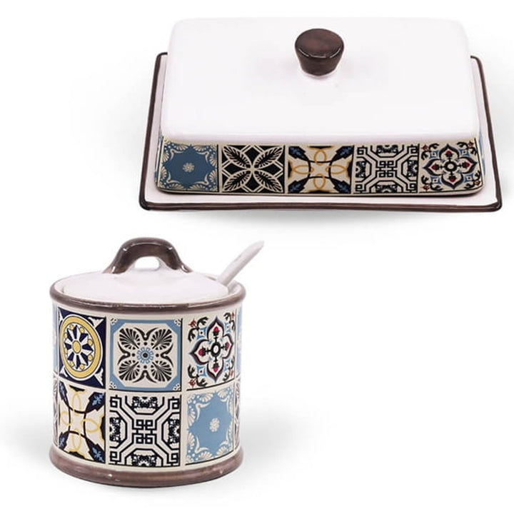 Ceramiczna cukierniczka Holiday in Porto Maestro, Pojemność 300ml, W komplecie - łyżeczka ceramiczna, MR-20005-09 + ceramiczna maselniczka Holiday in Porto Maestro, MR-20005-45