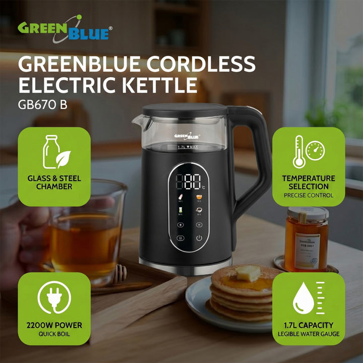 Czajnik elektryczny bezprzewodowy GreenBlue, pojemność 1.7l, szklany zbiornik na wodę, czytelny, wybór temp., 2200W, GB670 B
