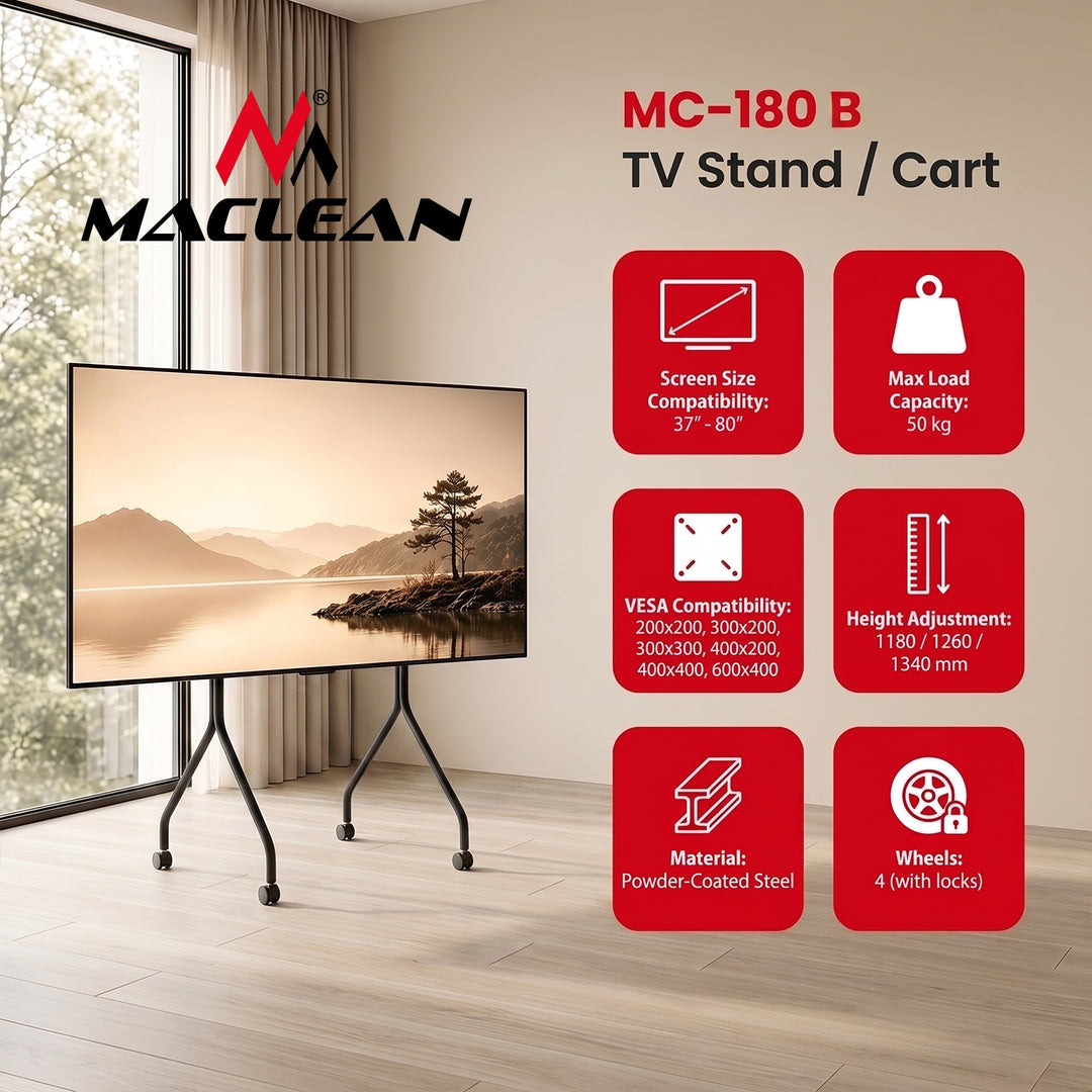 Stand / wózek do TV Maclean, na kółkach, 37-80", max. obciążenie 50kg, max. VESA 600x400, czarny, MC-180 B