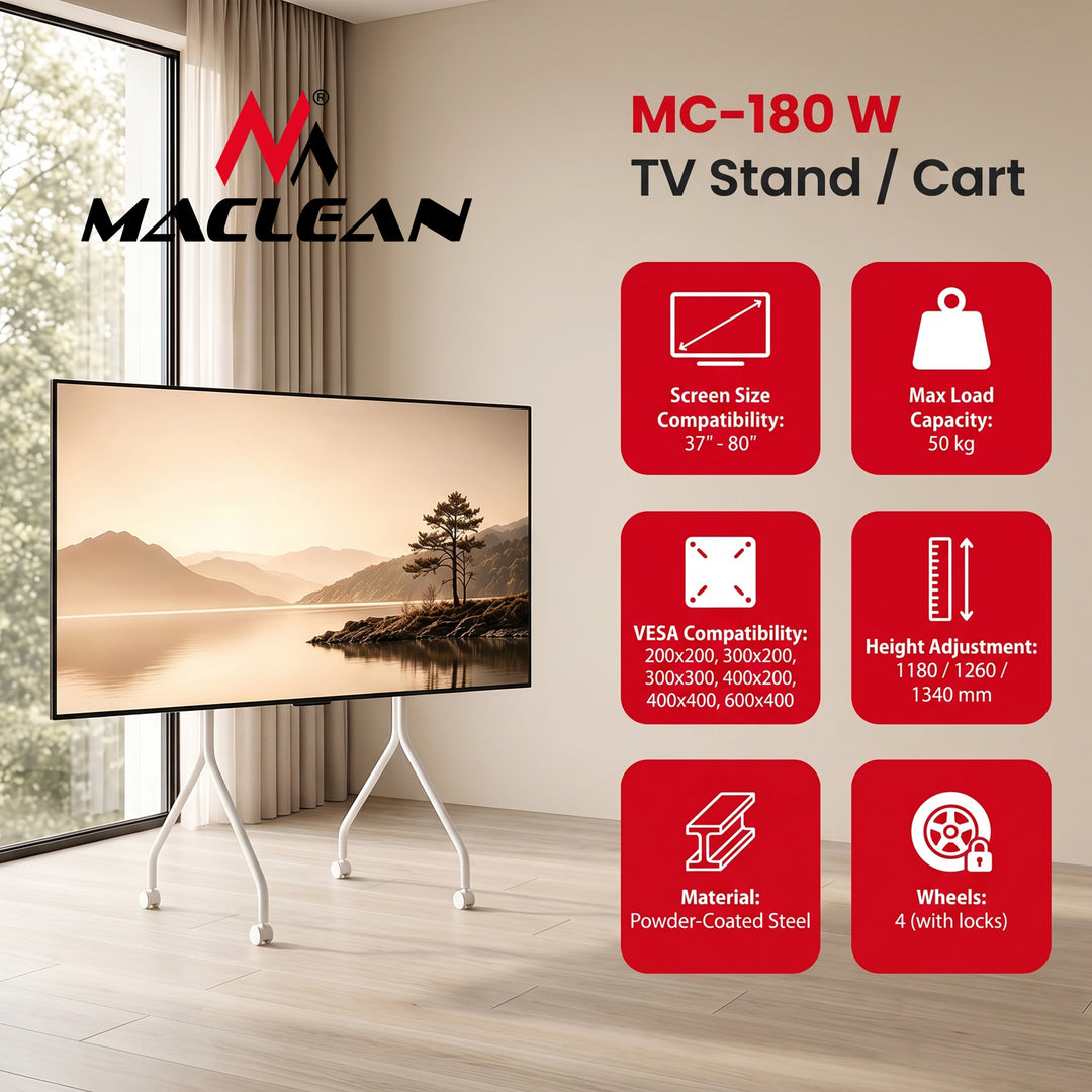 Stand / wózek do TV Maclean, na kółkach, 37-80", max. obciążenie 50kg, max. VESA 600x400, biały, MC-180 W