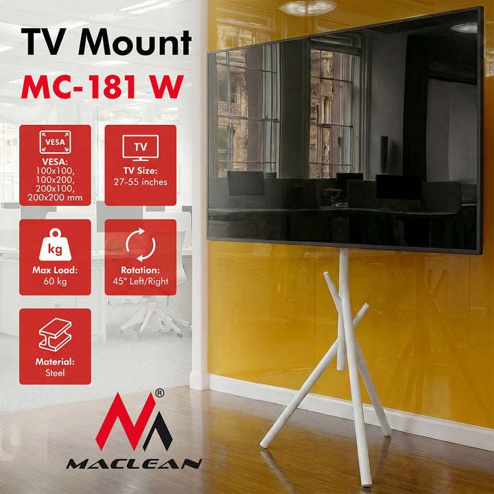 Uchwyt / stojak podłogowy do TV Maclean, 27-55", max. VESA 200x200, max. 60kg, MC-181 W
