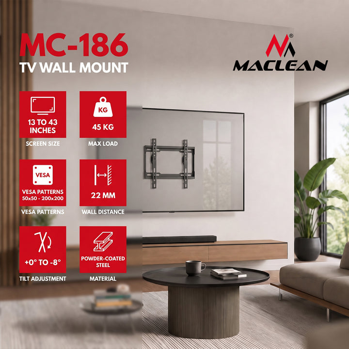 Uchwyt / wieszak do TV Maclean, max VESA 200x200, 13-43", do 45kg, czarny, reg. pochyłu 0°~-8°, MC-186