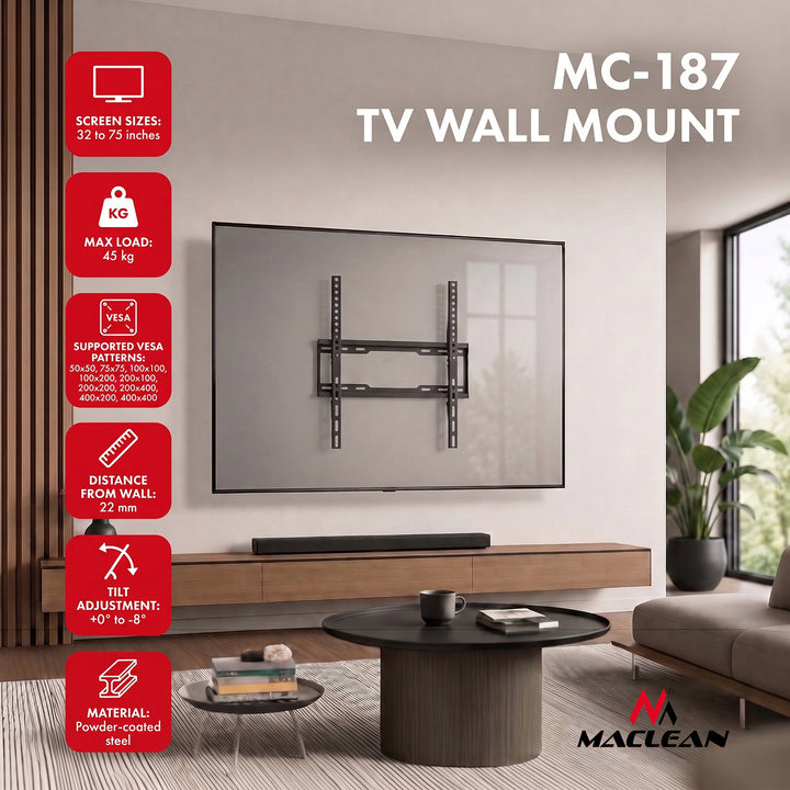 Uchwyt / wieszak do TV Maclean, max VESA 400x400, 32-75", do 45kg, czarny, reg. pochyłu 0°~-8°, MC-187
