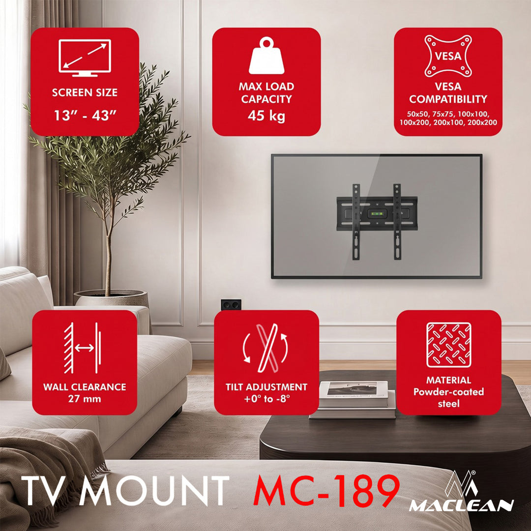 Uchwyt / wieszak do TV Maclean, max VESA 200x200, 13-43", do 45kg, czarny, reg. pochyłu +2°~-10°, MC-189