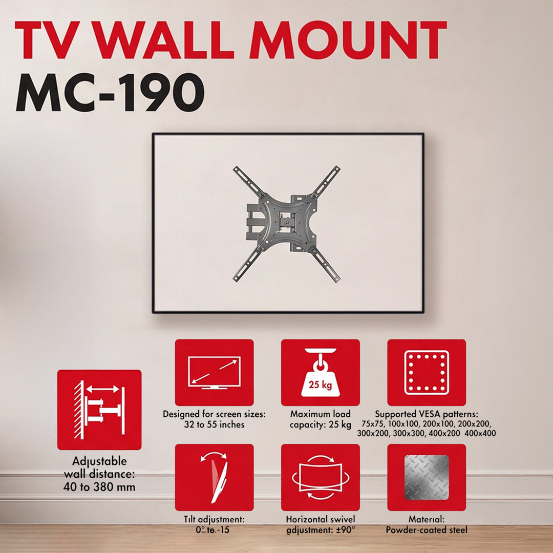 Uchwyt / wieszak do TV Maclean, max VESA 400x400, 32-55", do 25kg, czarny, reg. pochyłu 0°~-15° i obrotu +90°~-90°, MC-190