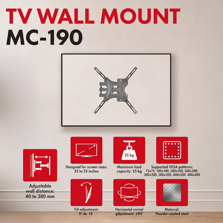 Uchwyt / wieszak do TV Maclean, max VESA 400x400, 32-55", do 25kg, czarny, reg. pochyłu 0°~-15° i obrotu +90°~-90°, MC-190