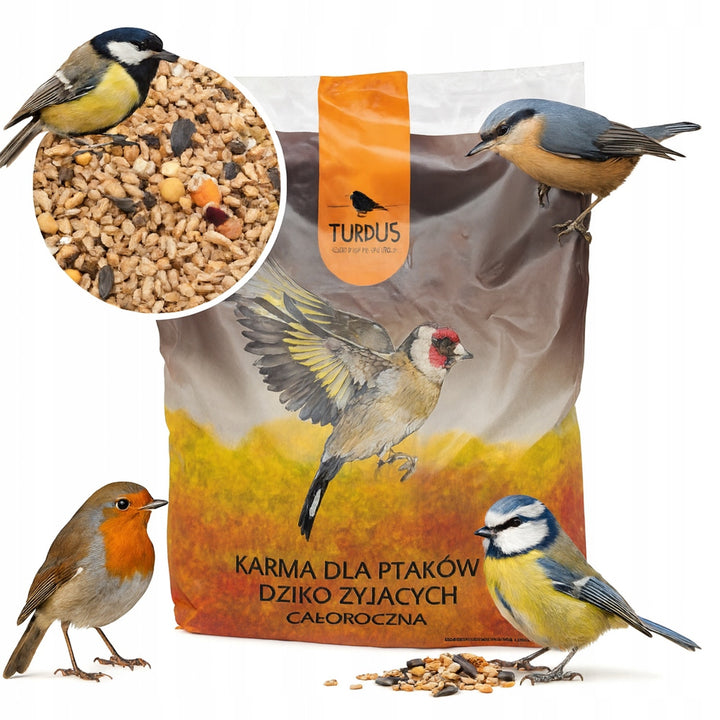 Karmnik dla ptaków Woodok, drewno świerkowe, opalany, mocne haczyki + ziarno dla ptaków 1kg