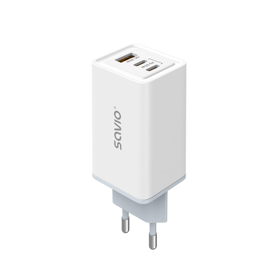 Ładowarka sieciowa Savio, 1x USB-A, 2x USB-C, GaN, 65W, biała, SAVLA-07
