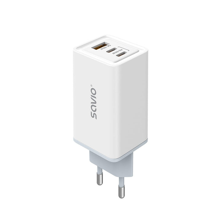 Ładowarka sieciowa Savio, 1x USB-A, 2x USB-C, GaN, 65W, biała, SAVLA-07