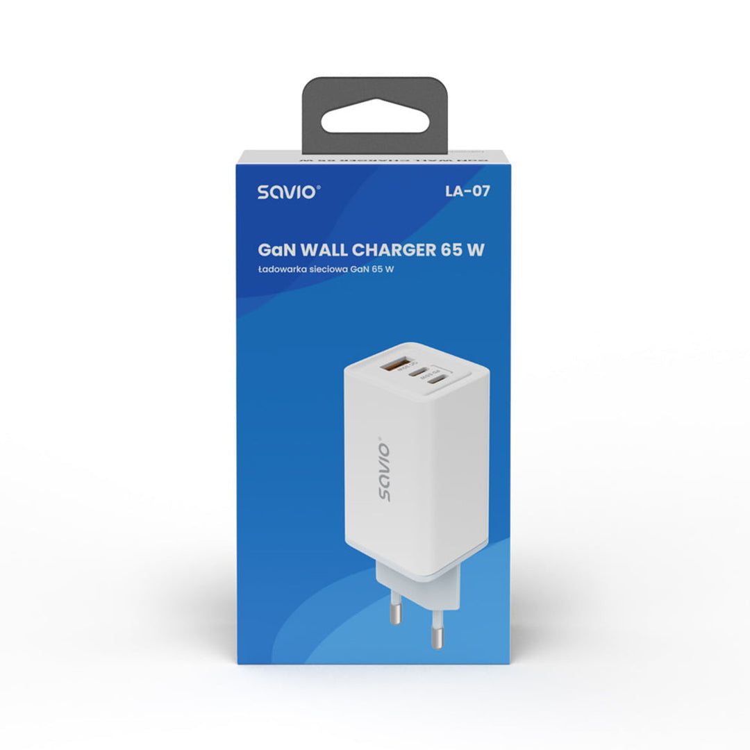 Ładowarka sieciowa Savio, 1x USB-A, 2x USB-C, GaN, 65W, biała, SAVLA-07