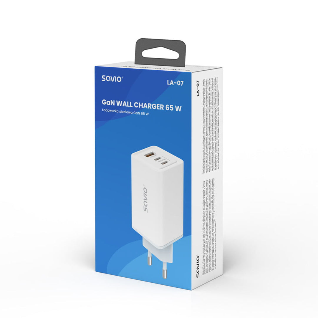 Ładowarka sieciowa Savio, 1x USB-A, 2x USB-C, GaN, 65W, biała, SAVLA-07