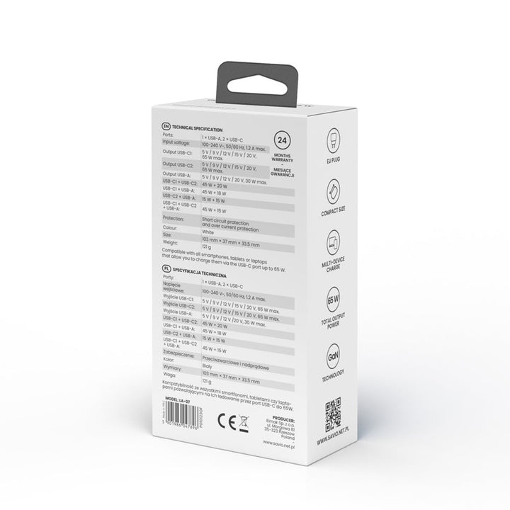 Ładowarka sieciowa Savio, 1x USB-A, 2x USB-C, GaN, 65W, biała, SAVLA-07