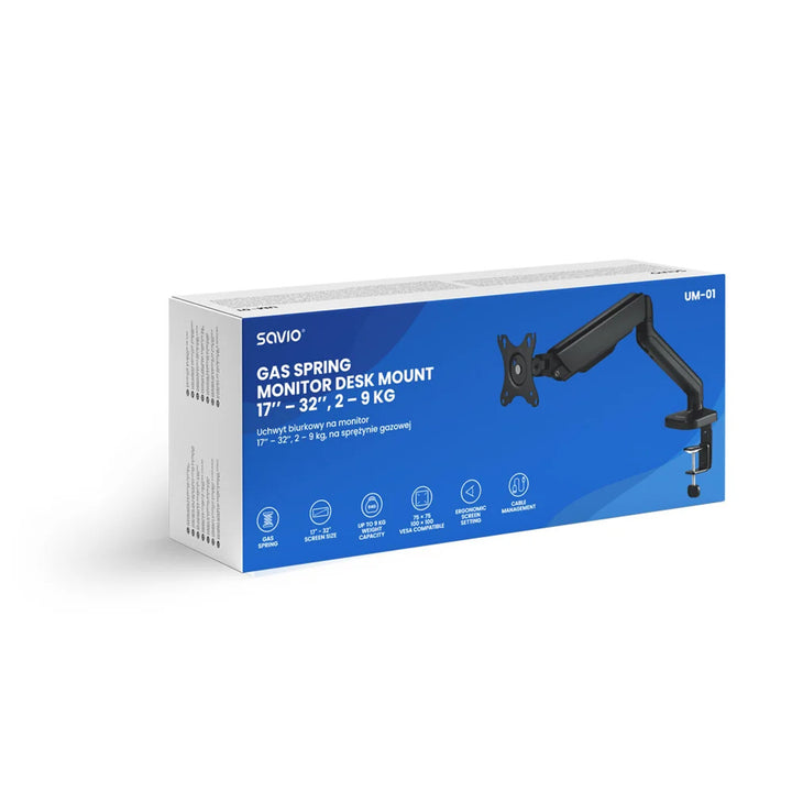 Uchwyt biurkowy na monitor 17-32’’ SAVIO, 2-9 kg, na sprężynie gazowej, UM-01