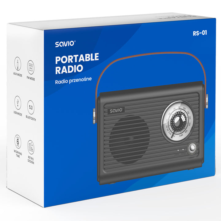 Radio przenośne FM Savio, zasilanie akumualaturowe, Bluetooth, AUX, SAVRS-01