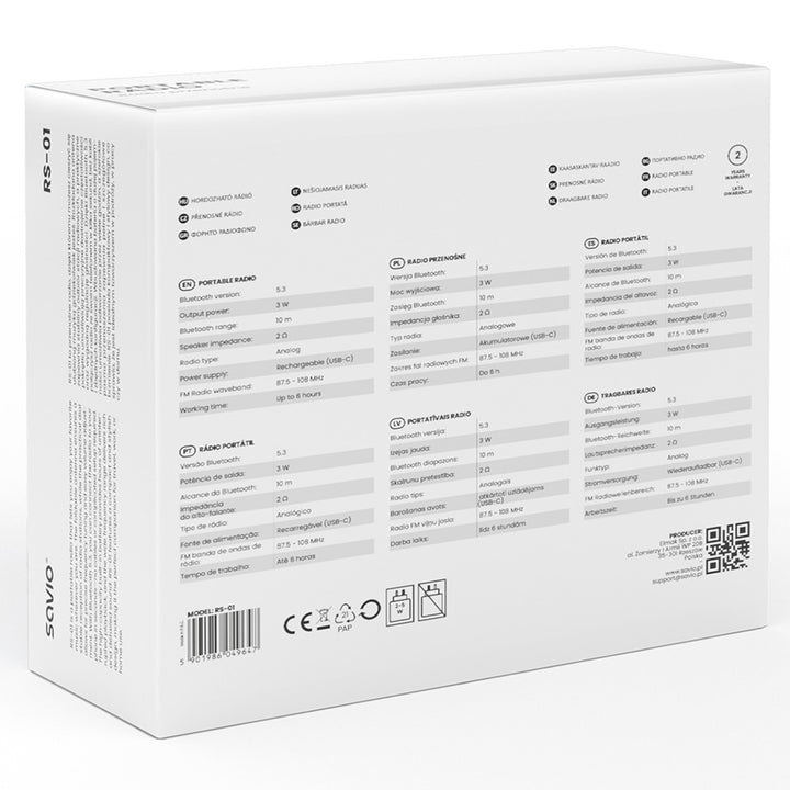 Radio przenośne FM Savio, zasilanie akumualaturowe, Bluetooth, AUX, SAVRS-01