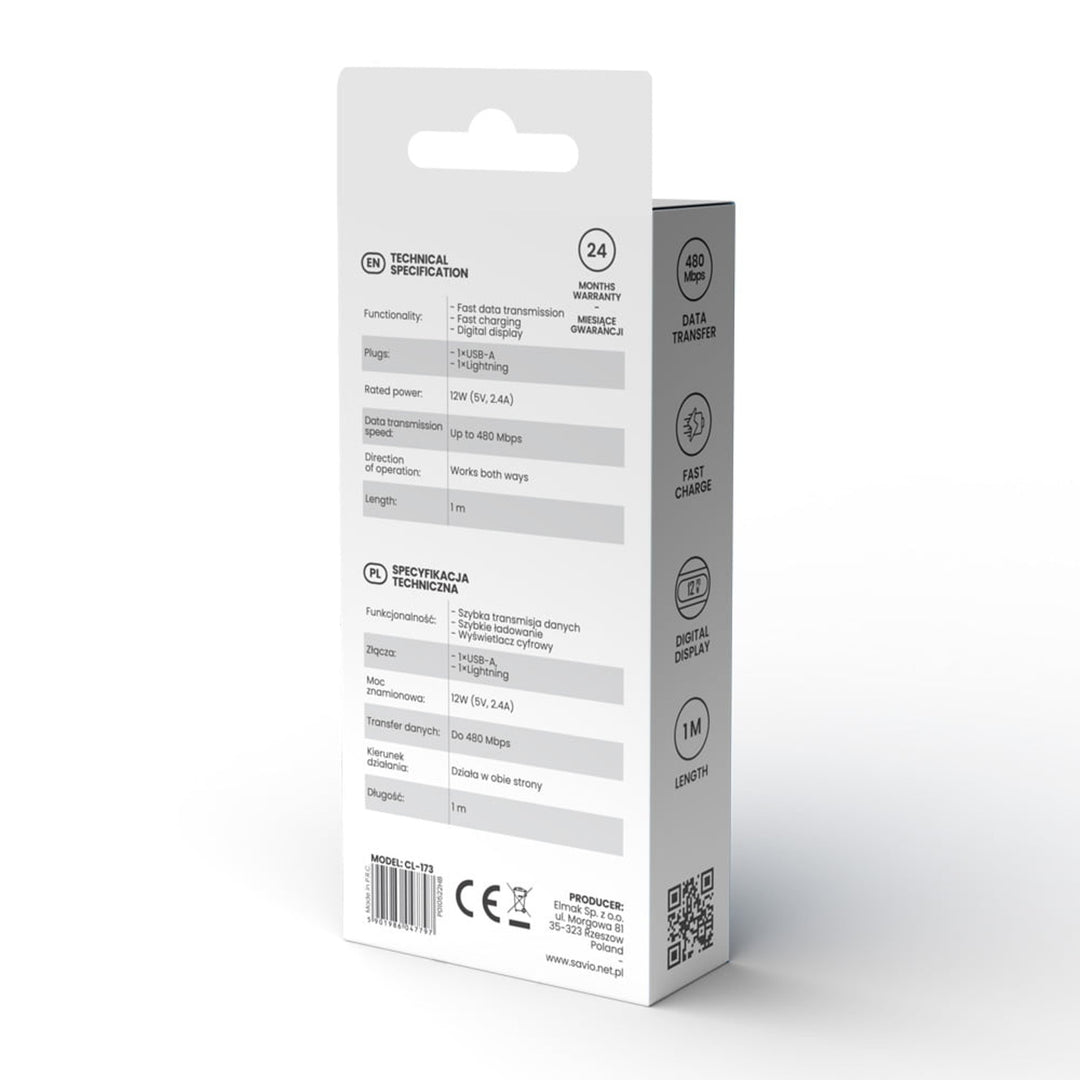 Kabel USB do Lightning Savio, wyświetlacz cyfrowy, długość 1m, SAVKABELCL-173