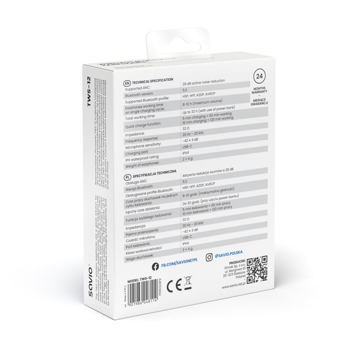 Słuchawki bezprzewodowe Savio, Bluetooth 5.3, ANC, USB-C, czarne