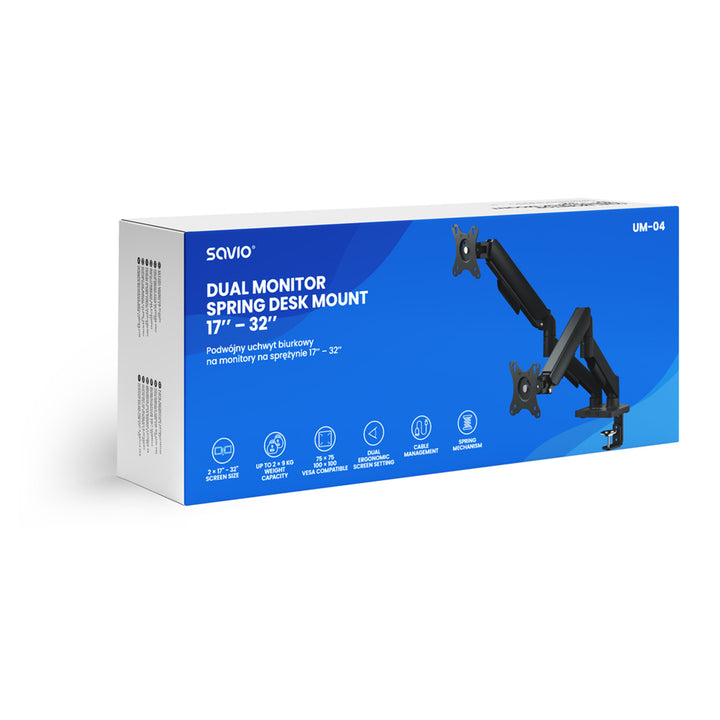 Podwójny uchwyt biurkowy na monitory Savio, 17-32'', obciążenie 9kg na monitor, VESA, mechanizm sprężynowy, czarny, SAVUM-04