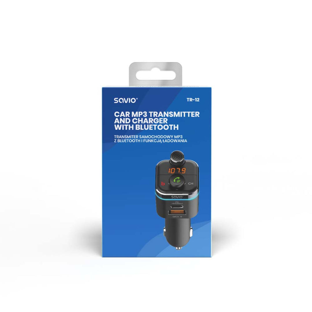 Transmiter samochodowy MP3 Savio, Bluetooth 5.0, funkcja ładowania, czarny, SAVFMTRANSTR-12