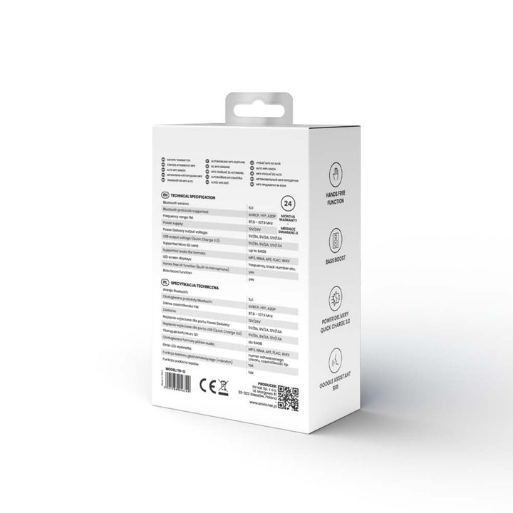 Transmiter samochodowy MP3 Savio, Bluetooth 5.0, funkcja ładowania, czarny, SAVFMTRANSTR-12