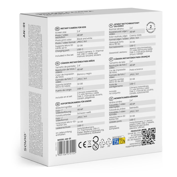 Aparat natychmiastowy dla dzieci Savio, rozdzielczość 48MP, ekran 2,4'', 2 rolki termiczne, SAVAN-01