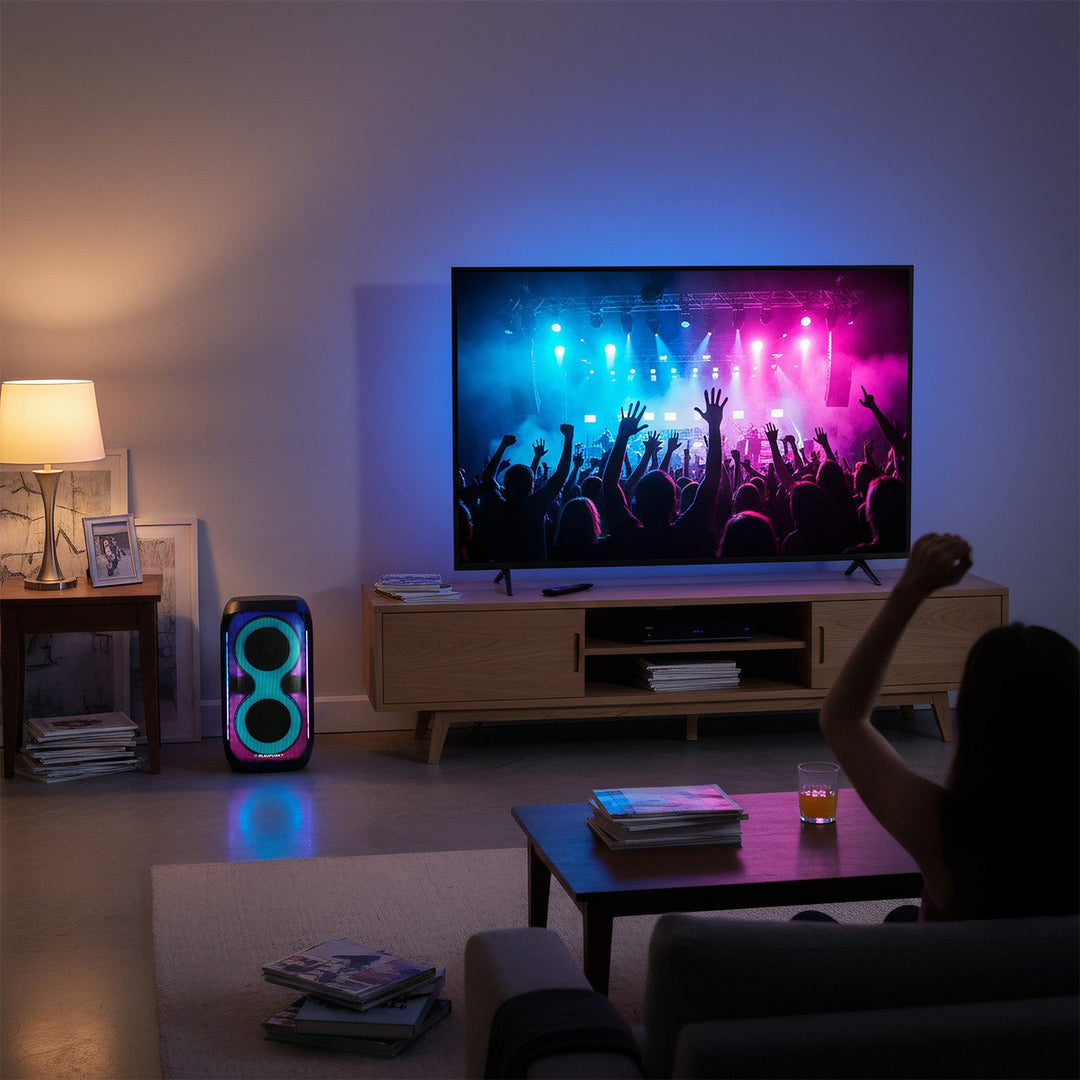 Głośnik Party Box Blaupunkt, Oświetlenie LED, Bluetooth, USB i AUX, Radio FM, Funkcja karaoke, pilot do sterowania, czas pracy baterii do 18h, PB60X
