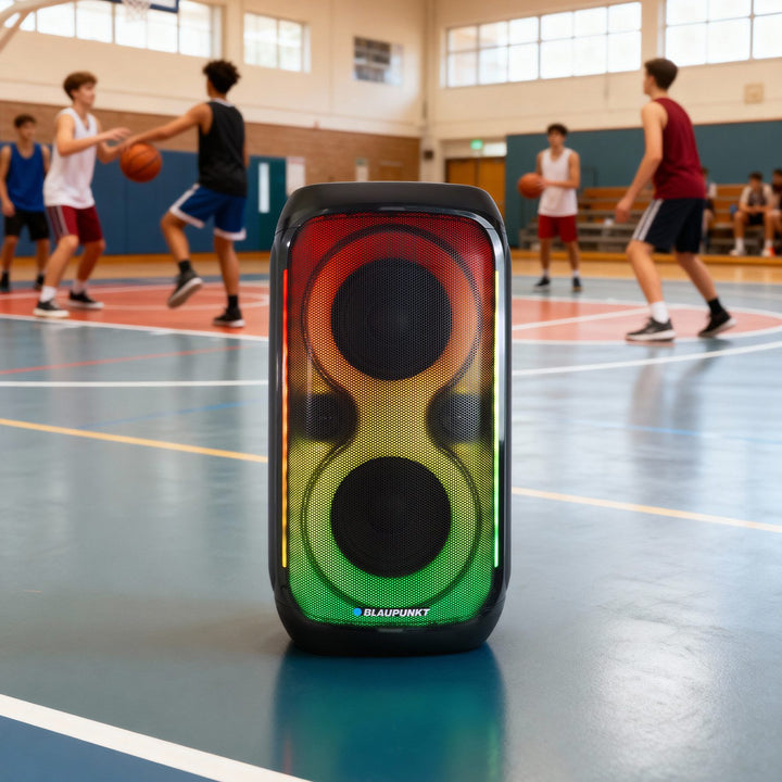 Głośnik Party Box Blaupunkt, Oświetlenie LED, Bluetooth, USB i AUX, Radio FM, Funkcja karaoke, pilot do sterowania, czas pracy baterii do 18h, PB60X