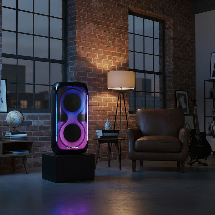 Głośnik Party Box Blaupunkt, Oświetlenie LED, Bluetooth, USB i AUX, Radio FM, Funkcja karaoke, pilot do sterowania, czas pracy baterii do 18h, PB60X