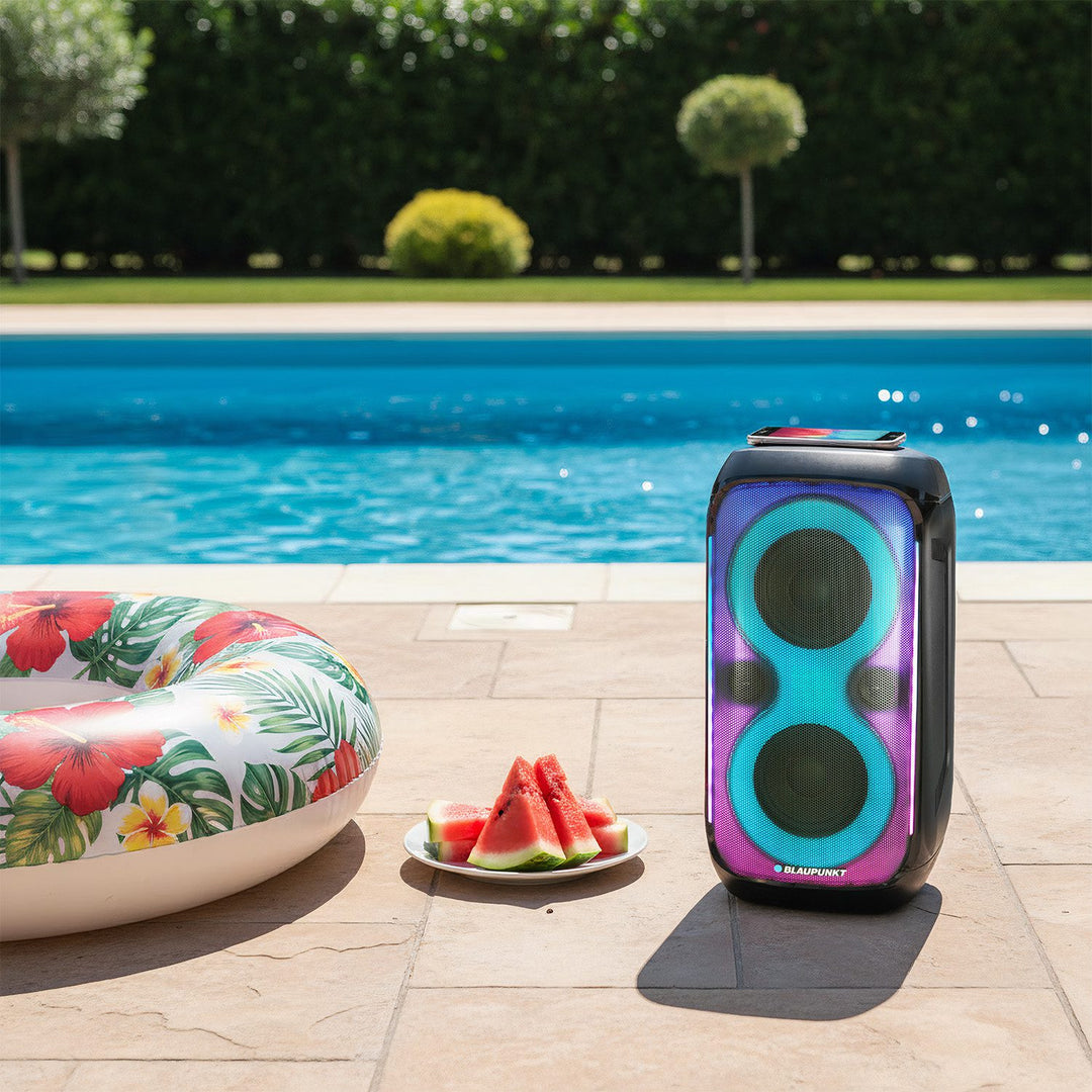Głośnik Party Box Blaupunkt, Oświetlenie LED, Bluetooth, USB i AUX, Radio FM, Funkcja karaoke, pilot do sterowania, czas pracy baterii do 18h, PB60X
