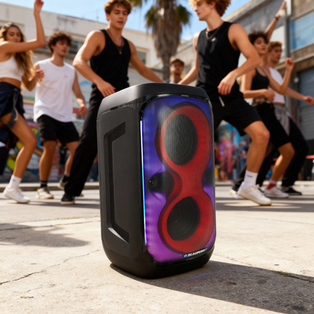 Głośnik Party Box Blaupunkt, Oświetlenie LED, Bluetooth, USB i AUX, Radio FM, Funkcja karaoke, pilot do sterowania, czas pracy baterii do 18h, PB60X