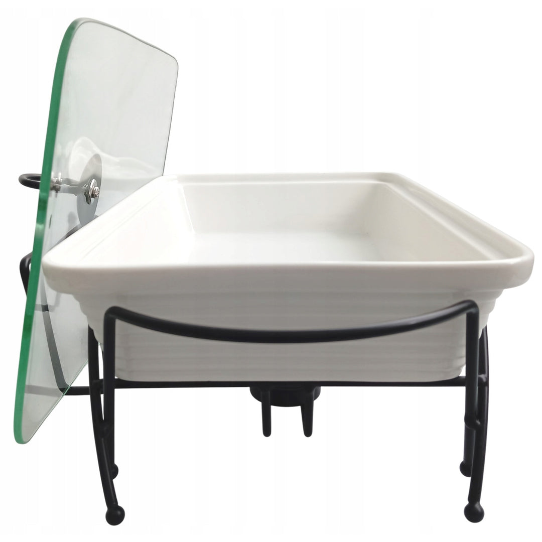 Ceramiczny podgrzewacz do potraw Maestro, prostokątny, kolor biały, pojemność 1,7L, można używać w piekarniku, w zestawie stelaż i pokrywka z uchwytem, MR-11362-73