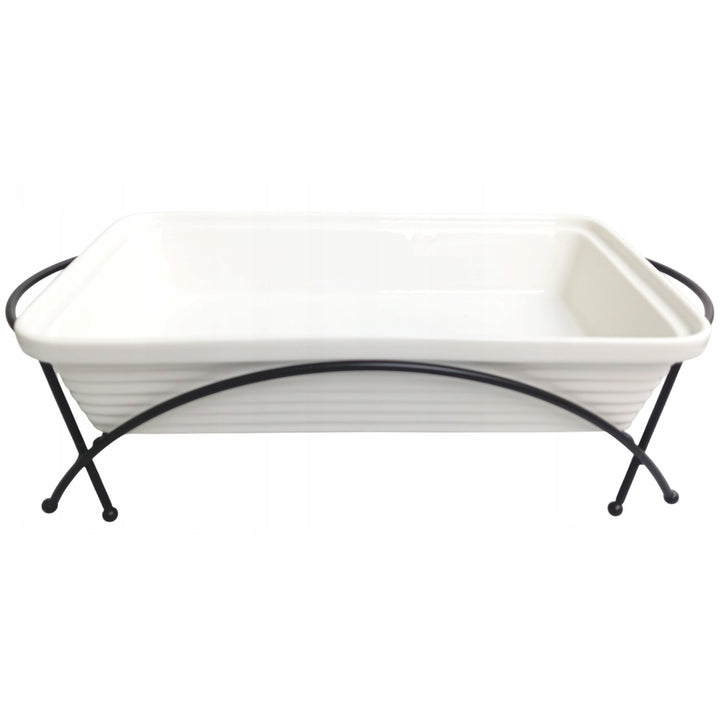 Ceramiczny podgrzewacz do potraw Maestro, prostokątny, kolor biały, pojemność 2,4L, można używać w piekarniku, w zestawie stelaż i pokrywka z uchwytem, MR-11562-73