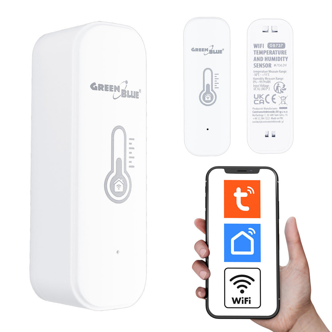Czujnik temperatury i wilgotności WiFi GreenBlue, Android/iOS/Alexa/Google Home, 3.0V DC, LR03x2, GB737