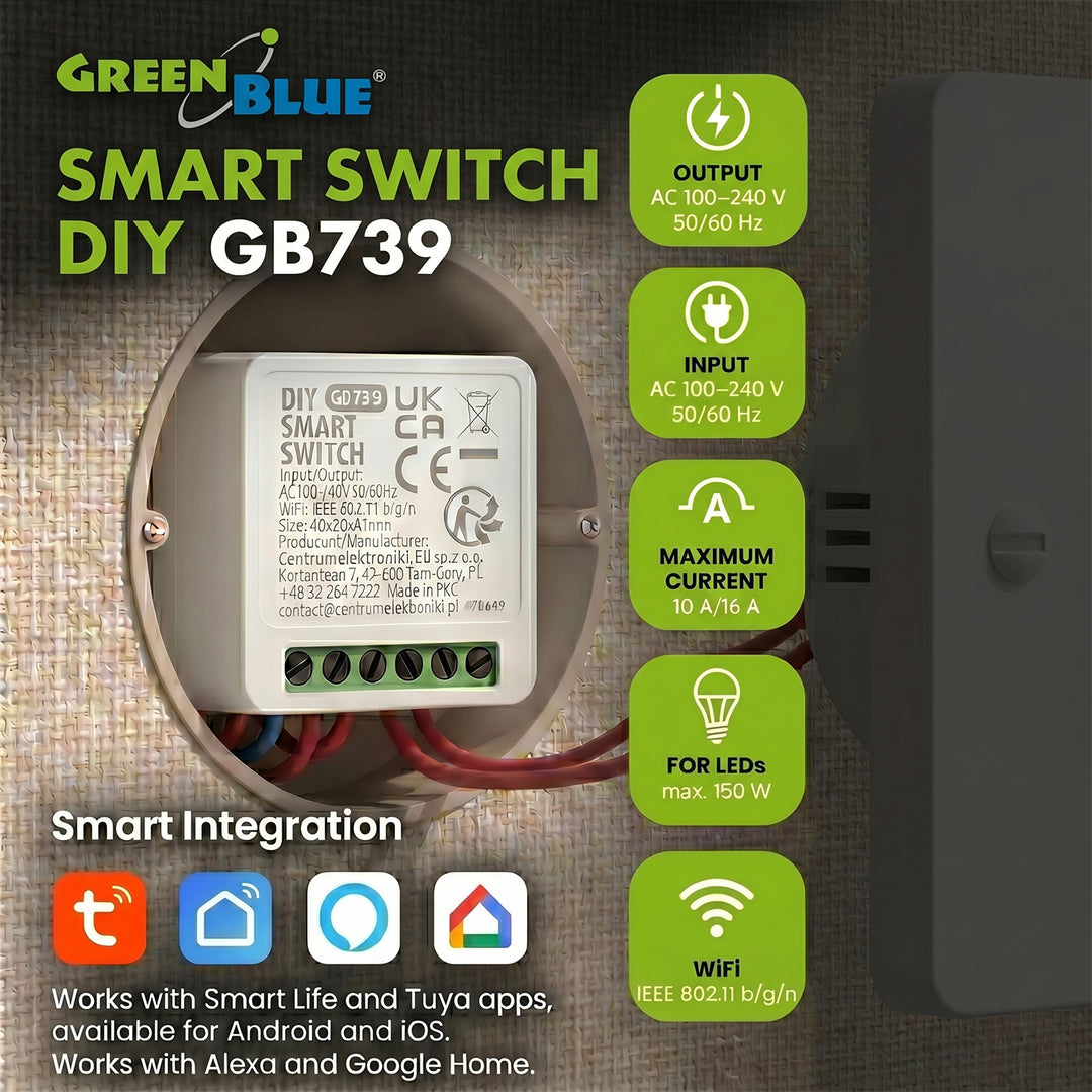 Przekaźnik WiFi dopuszkowy GreenBlue, Android/iOS/Alexa/Google Home,100-240V AC, 50/60Hz, max.16A, dla LED 150W, GB739