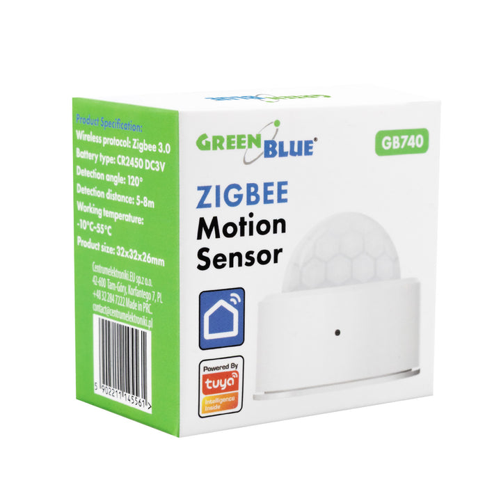 Bezprzewodowy czujnik ruchu Zigbee Tuya GreenBlue, Android/iOS/,CR2450 DC 3.0V, zakr. detekcji 120° / do 8m, GB740