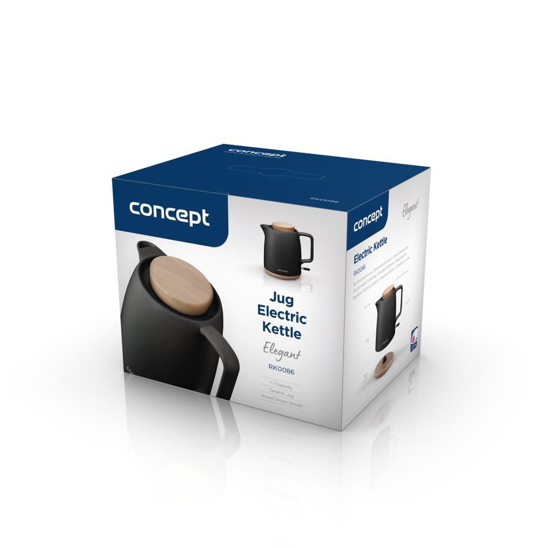 Czajnik elektryczny ceramiczny Concept, pojemność 1L, 1200 W, kolor czarny, złącze Strix, filtr antyosadowy, obrotowa podstawa, RK0086