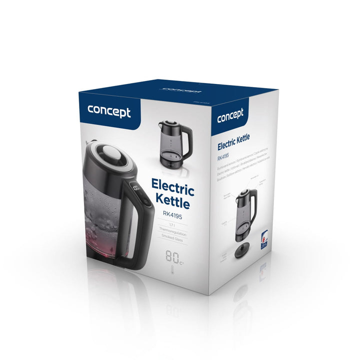 Czajnik elektryczny szklany Concept, pojemność 1,7L, moc 1850-2200 W, kolor czarny, złącze Strix, regulacja temperatury, sterowanie cyfrowe, RK4195