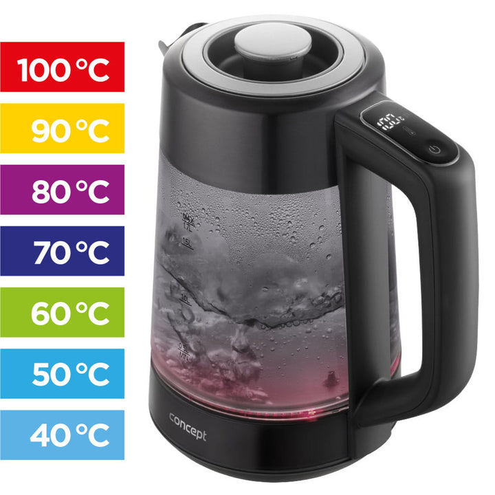 Czajnik elektryczny szklany Concept, pojemność 1,7L, moc 1850-2200 W, kolor czarny, złącze Strix, regulacja temperatury, sterowanie cyfrowe, RK4195