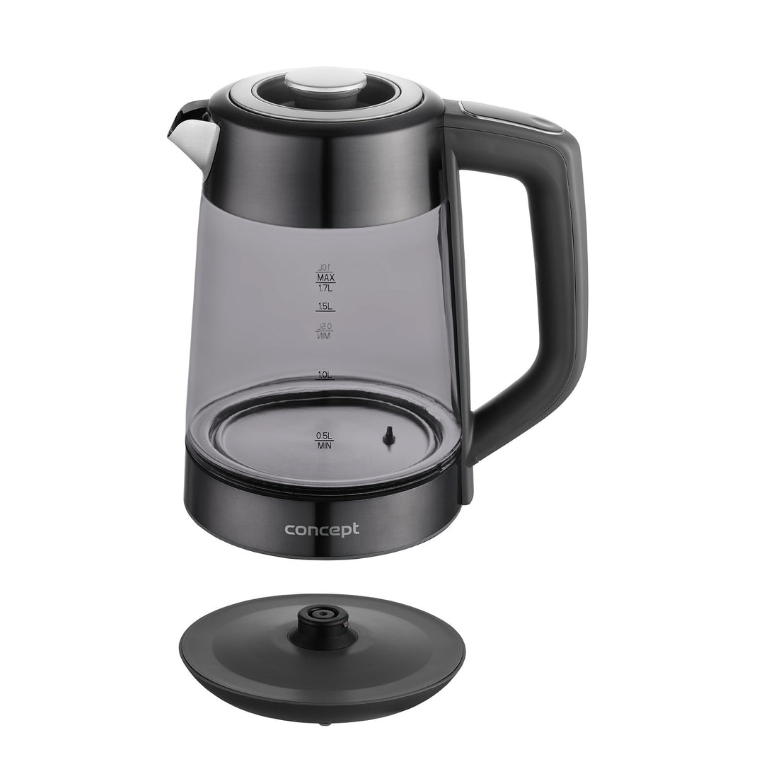 Czajnik elektryczny szklany Concept, pojemność 1,7L, moc 1850-2200 W, kolor czarny, złącze Strix, regulacja temperatury, sterowanie cyfrowe, RK4195