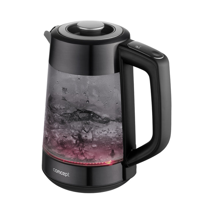 Czajnik elektryczny szklany Concept, pojemność 1,7L, moc 1850-2200 W, kolor czarny, złącze Strix, regulacja temperatury, sterowanie cyfrowe, RK4195