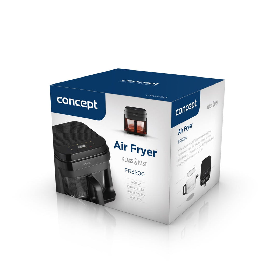 Frytkownica beztłuszczowa Concept Glass&Fast, pojemność 5,5L, 7 programów, dotykowy wyświetlacz LED, zdrowy tryb smażenia, szklany pojemnik, FR5500