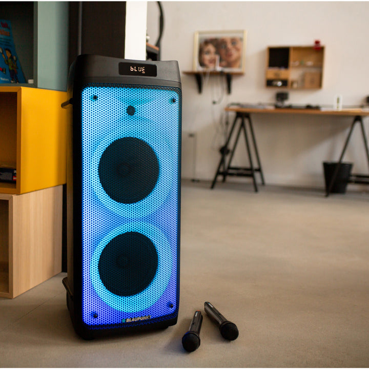 Głośnik Party Box Blaupunkt, oświetlenie LED, Bluetooth, USB i AUX, radio FM, funkcja karaoke, pilot do sterowania, PB08DB
