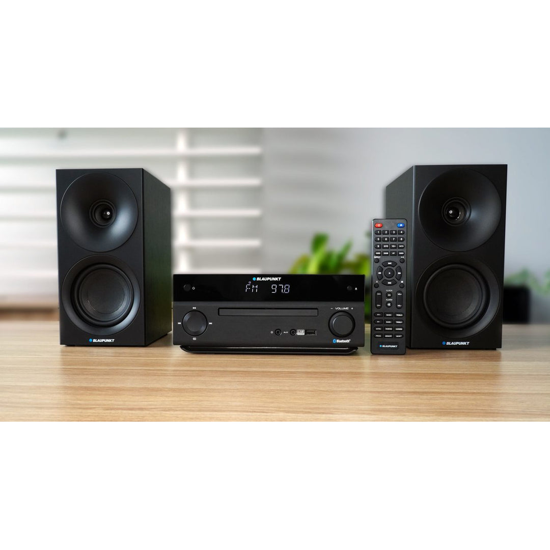 Mikrowieża Blaupunkt, Moc 150W, Radio FM, Gniazdo AUX oraz złącze USB, Bluetooth, wejście HDMI, zegar z alarmem, wyświetlacz LED, kolor czarny, MS30.02BT