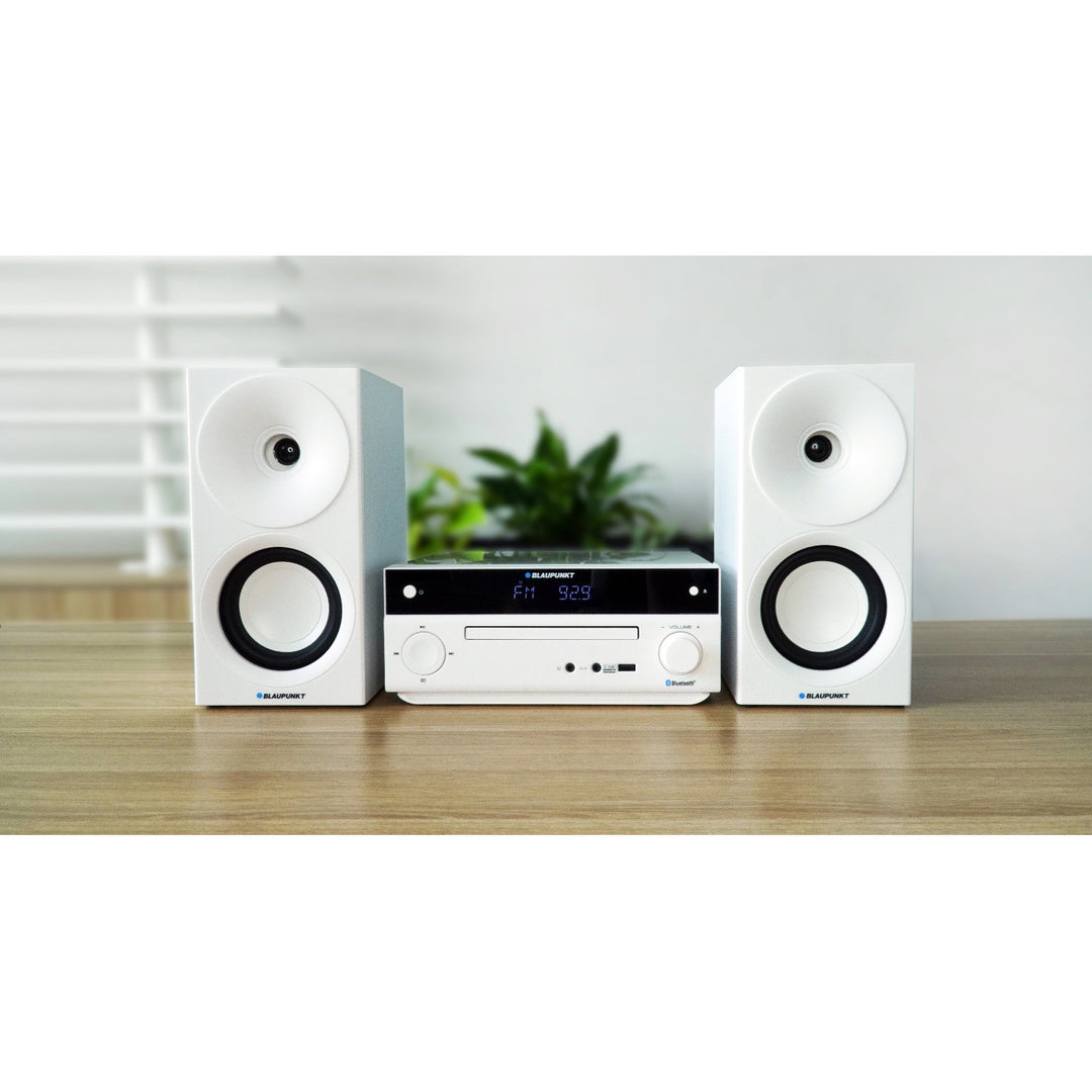 Mikrowieża Blaupunkt, Moc 150W, Radio FM, Gniazdo AUX oraz złącze USB, Bluetooth, wejście HDMI, zegar z alarmem, wyświetlacz LED, kolor biały, MS30.02BT