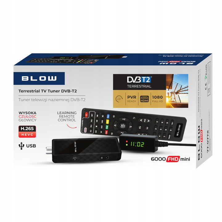 Tuner DVB-T/T2 Blow, H.265, 6000FHD, funkcja Timeshift, wiele języków, funkcja odtwarzacza multimedialnego, gniazdo USB, 77-077#