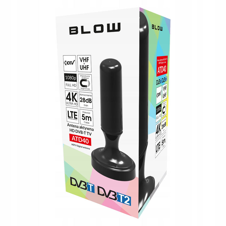 Antena DVB-T Blow, aktywna wewnętrzna, wzmocnienie 28dB, wbudowany filtr LTE, odbiór w paśmie 168-790 MHz, 21-040#