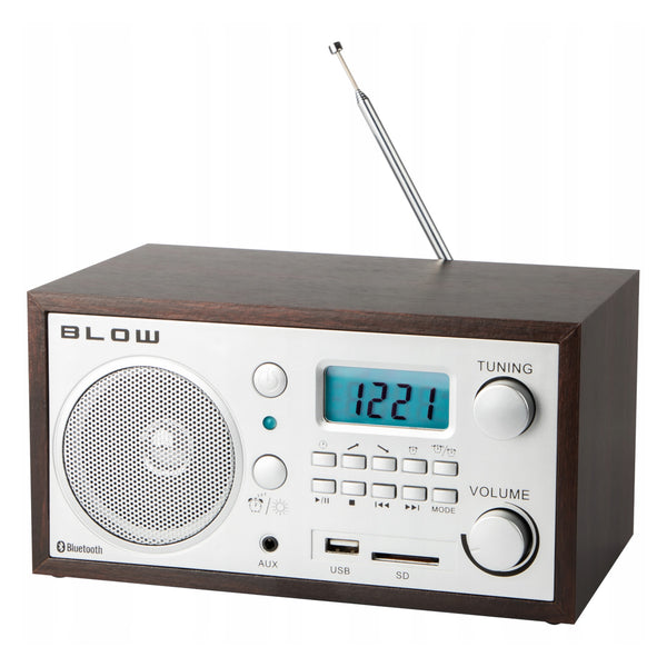 Radio przenośne analogowe Blow, funkcja Bluetooth, złącza USB, AUX i SD, odbiór stacji radiowych AM/FM, wyświetlacz LCD, zegar i budzik, 77-531#