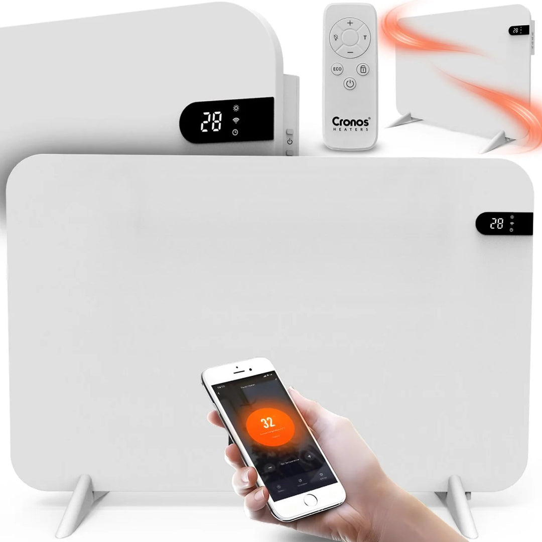 Grzejnik elektryczny Cronos, kolor biały, moc 450W, ogrzanie pomieszczenia do 14m2, wbudowany termostat, Sterowanie pilotem, funkcja wykrywania otwartego okna, nóżki w zestawie, WFH-450TW