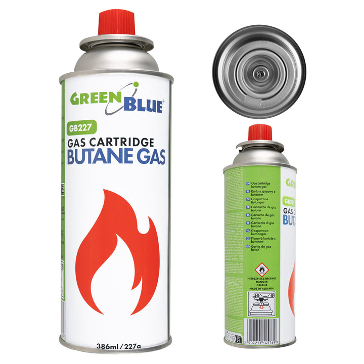 Kartusz gazowy 227g GreenBlue. certyfikat: Pi 0875, zgodny z normą EN417, butan, zakres działania -10°C do+ 40°C, GB227