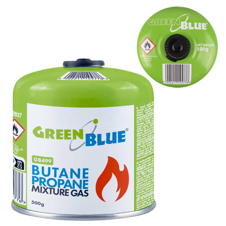 Kartusz gazowy 500g GreenBlue. certyfikat: Pi 0437, zgodny z EN417, butan-propan, zakres -10°C do+ 40°C, zawór gwintowany 7/16'' GB499